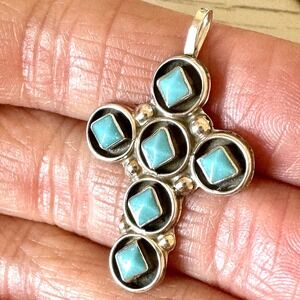 Cross Zuni Pendant Carved Turquoise‎ 1.5in  Sterling Fred Cachini Native Amer